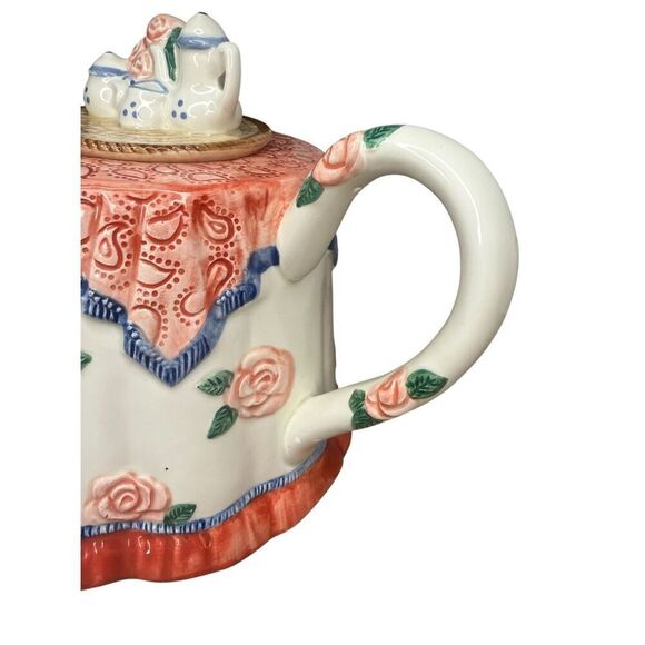 Vintage Fitz and Floyd Teapot 34 oz Pink 3D Blushing Roses Floral Leaves FF 1988 - Picture 4 of 7